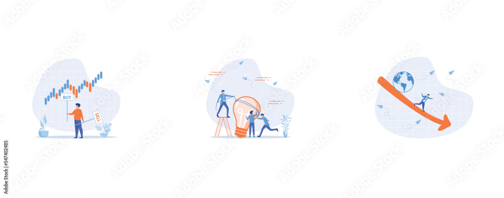 Fototapeta premium Buy or sell in stock market and crypto currency trading, Brainstorming for new idea, World economic recession, set flat vector modern illustration