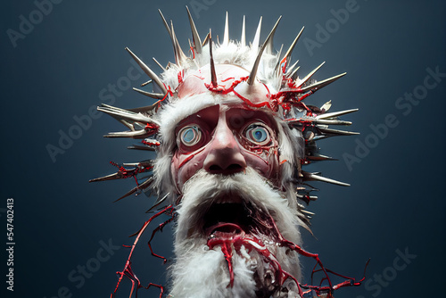 Horrific horror santa claus old man with spikes coming out and blood, gory and scary