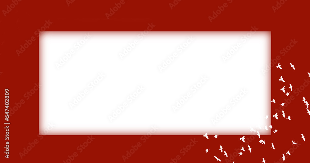 White border on a red background with birds in flight. Invitation, template, planner. White border on a red background with birds in flight. Invitation, template, planner.