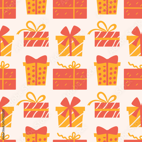 Seamless pattern with Christmas presents, various wrapped gift boxes (ID: 547403230)