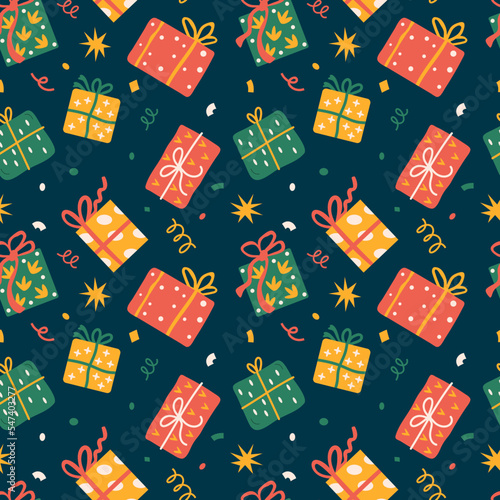 Seamless pattern with Christmas presents, various wrapped gift boxes (ID: 547403277)