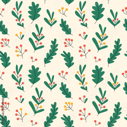 Seamless pattern with Christmas plants, fir-tree branches, holy tree berries (ID: 547403443)