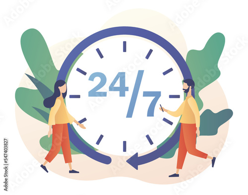 Around clock. 24-7 support service, open, time, working hours, delivery concept. 24 hours watch with arrow. Modern flat cartoon style. Vector illustration on white background