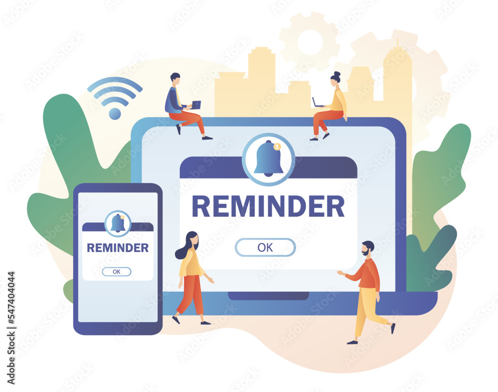 Reminder concept. New notice. Notifications page with notification bell on smartphone and laptop. Important reminder. Event push message. Modern flat cartoon style. Vector illustration 
