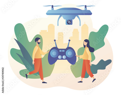 Drone videography, aerial photography, quadcopter operator, air survey services, drone photo. Drone with camera. Modern flat cartoon style. Vector illustration on white background
