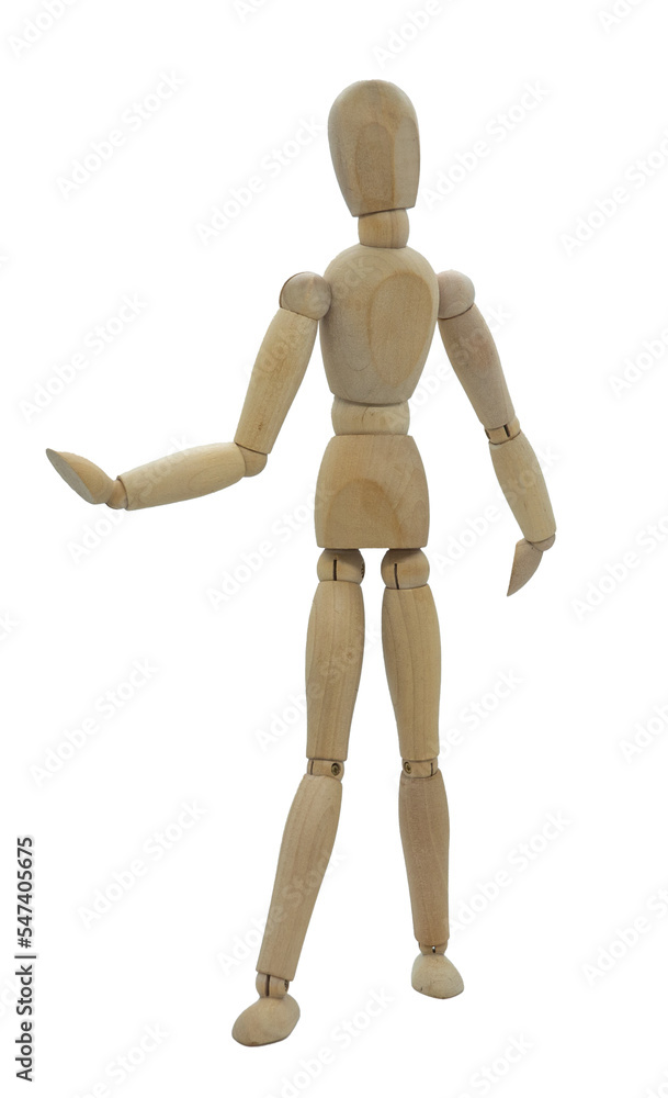 Standing wooden jointed figure with one by side and one extended Standing wooden jointed figure with one by side and one extended