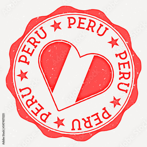 Peru heart flag logo. Country name text around Peru flag in the shape of a heart. Awesome vector illustration.
