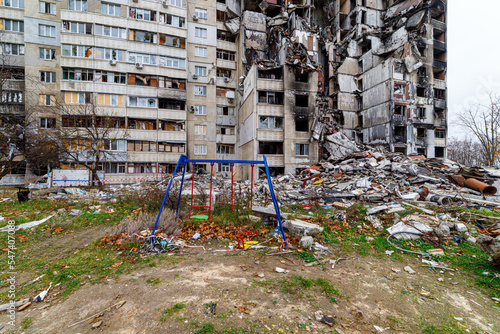 Vászonkép Residential area Saltovka, Kharkiv, Ukraine - autumn 2022: Destroyed apartment as a result of an artillery shell hit