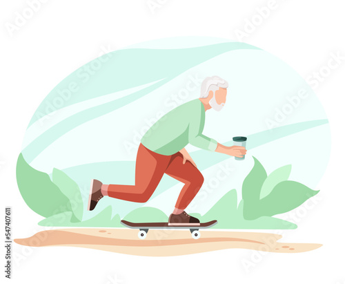 An elderly man rides a skateboard with a glass of coffee. Active and happy old age. Bearded pensioner. Vector illustration.
