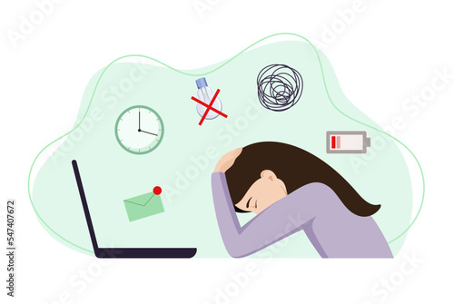 A woman tired of work. Depression. Stress in the workplace. A woman is sitting at a table with a computer.