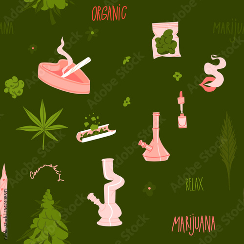 Hand drawn vector abstract graphic clipart illustration of Medical Marijuana,smoking accessories.Hemp and joint for smoking.Cannabis and weed legalization concept design.Trendy seamless pattern design