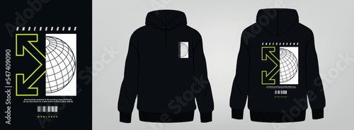 black hoodie art design, world in back