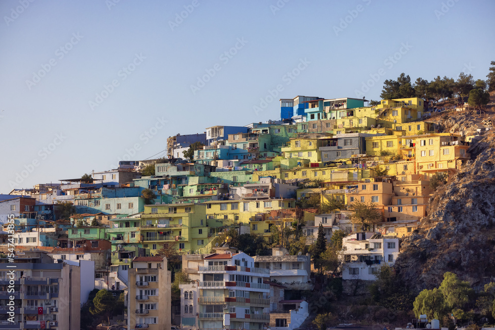 Homes and Buildings in a Touristic Town by the Aegean Sea. Kusadasi, Turkey. Sunny Morning Sunrise.
