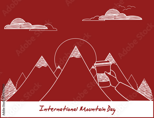 Poster for Internatonal mountain day December 11. A hand with coffee on the mountains` background. photo
