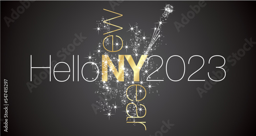 Hello New Year 2023 golden and white elegant black light typography lettering sparkle firework on black background banner