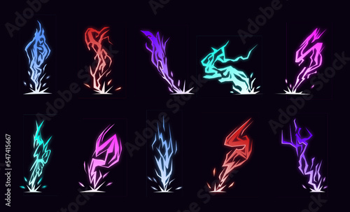 Lightning animation set with sparks. Cartoon lightning effect. Thunderbolt strike comic sprite asses for 2D game
