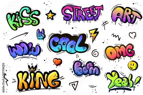 Graffiti urban art elements. Graffiti vector graffito of brushstroke lettering or graphic grunge typography illustration set