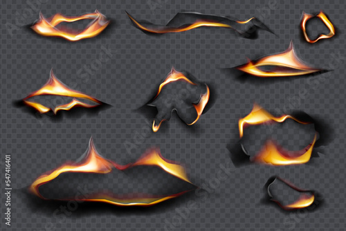 Collection of burnt faded holes piece burned paper realistic fire flame. Black paper burn in vintage style on transparent background.