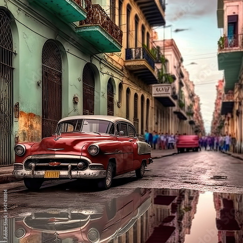 AI generated image of a classic American car parked in a colorful street in Havana, Cuba