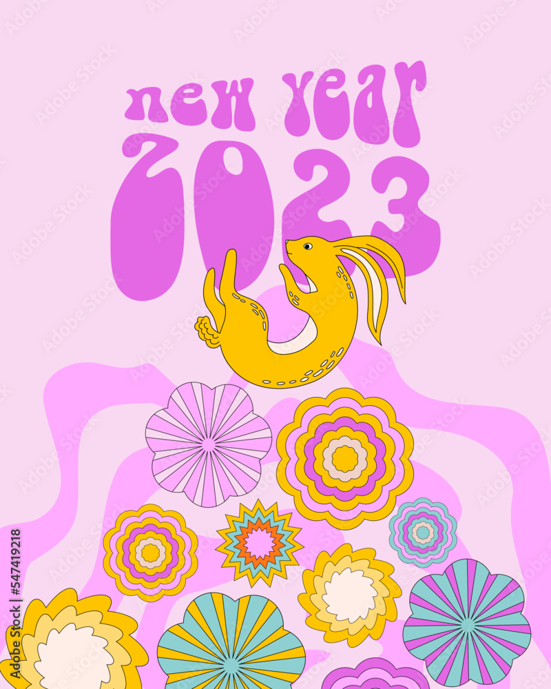 Chinese New Year 2023 symbol. Psychedelic hare or rabbit. Retro 70s styles, shapes and colors.