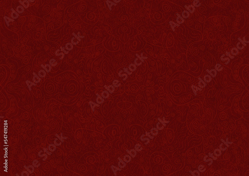 Hand-drawn unique abstract symmetrical seamless ornament. Light semi transparent red on a deep red background. Paper texture. Digital artwork, A4. (pattern: p06a)
