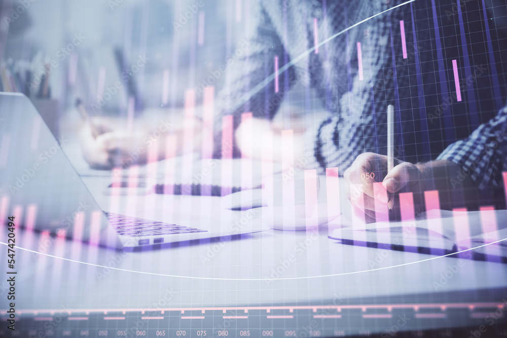 Multi exposure of forex chart with man working on computer on background. Concept of market analysis. Multi exposure of forex chart with man working on computer on background. Concept of market analysis.