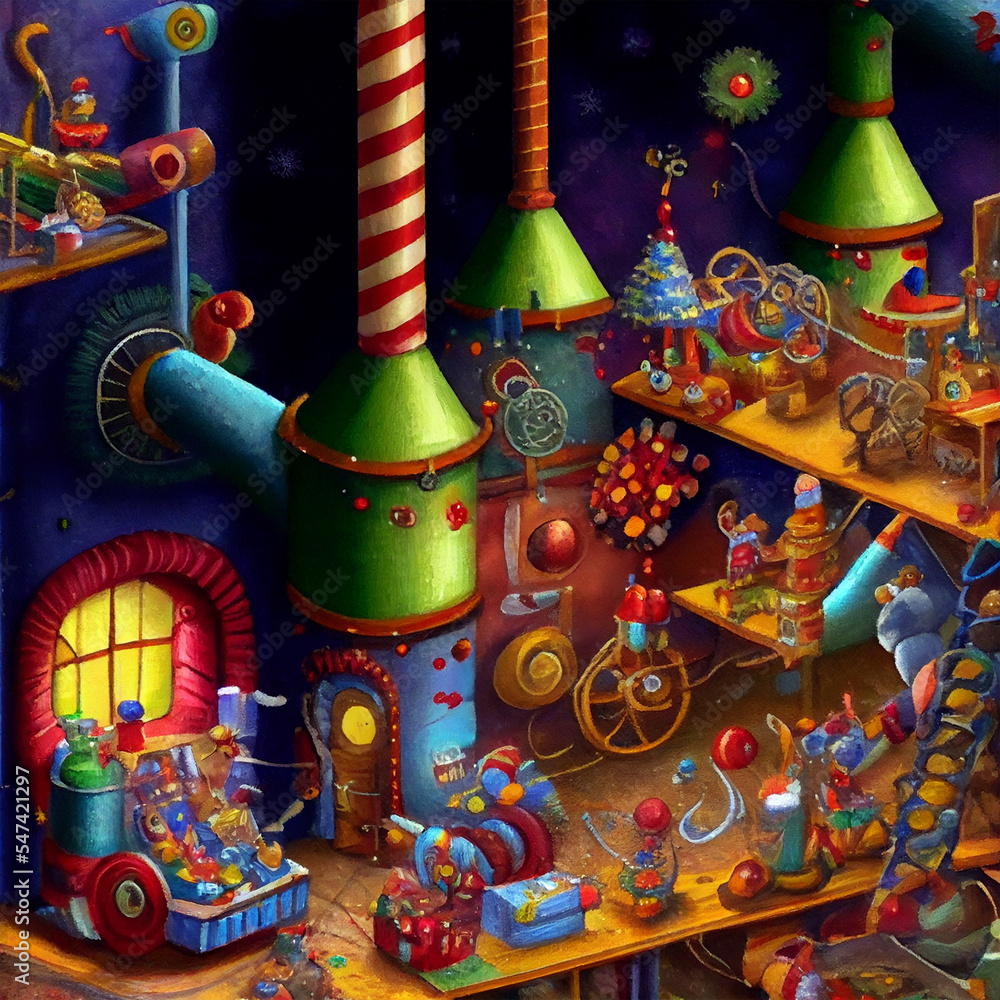 Christmas Toy Factory, whimsical art style, digital art, illustration