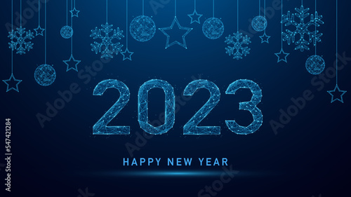 2023 Happy New Year with Christmas in Abstract low poly wireframe style. geometric background Celebrate party 2023. Xmas Poster, web banner, header website.