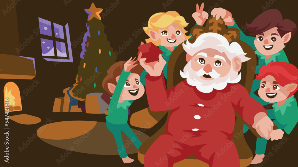 Santa Claus and Elves enjoy together in the house