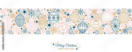 Merry Christmas and Happy New Year Horizontal Banner Design. Geometric Christmas tree ornaments and snowflakes pattern vector illustration. Website header, greeting, promotion, invite, advertisement