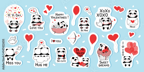 Baby panda stickers for valentines day vector illustration. Cute compositions with bears, red hearts, balloons and congratulatory phrases. 23 flat style Elements 