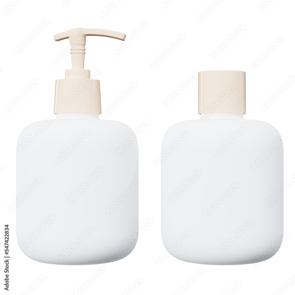 Set of two care product bottles 3D render mockup, plastic lotion dispenser and shampoo bottle isolated Set of two care product bottles 3D render mockup, plastic lotion dispenser and shampoo bottle isolated