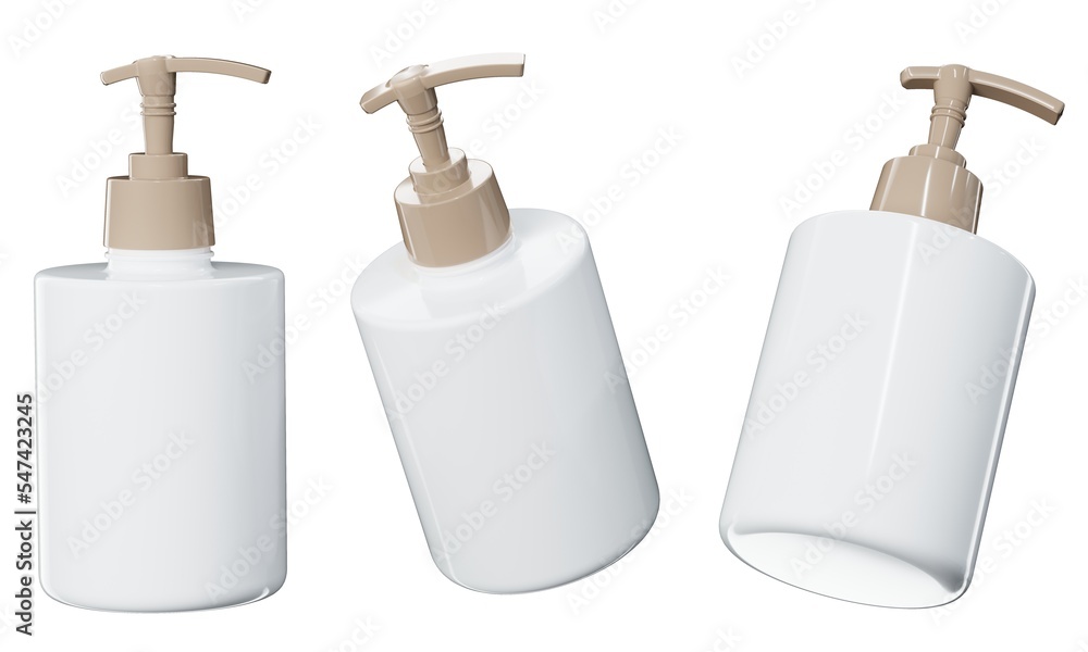 Cosmetic dispenser mockup 3D render, white plastic care product bottle template isolated on white background Cosmetic dispenser mockup 3D render, white plastic care product bottle template isolated on white background