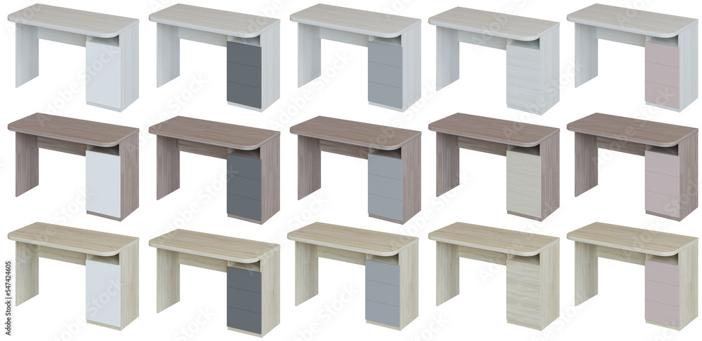 Modern writing desk made of wood, 15 color options, on a transparent background. Modern writing desk made of wood, 15 color options, on a transparent background.