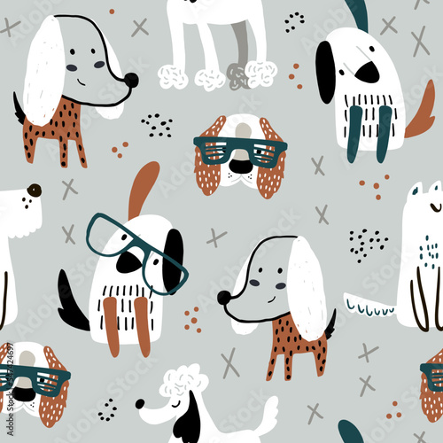 Childish seamless pattern with funny creative dogs in glasses. Trendy mint gray scandinavian vector background. Perfect for kids apparel,fabric, textile, nursery decoration,wrapping paper