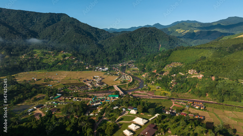 aerial view landscape and Sapan Village in valley, famous tourist attraction of Nan Province in the northern of Thailand