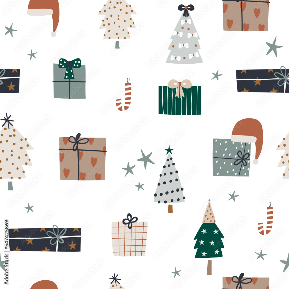 Holiday seamless pattern with gift boxes, Christmas tree, candy, Santa hat. Trendy winter vector background. Perfect for wrapping paper, fabric, textile