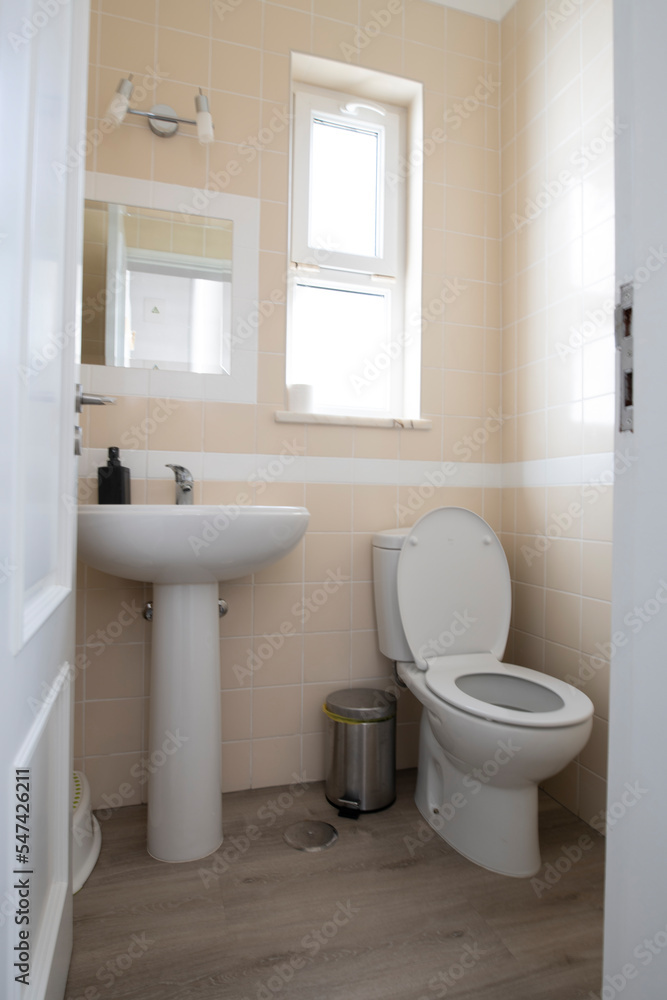 Looking through the door into a small cloakroom with toilet and sink Looking through the door into a small cloakroom with toilet and sink