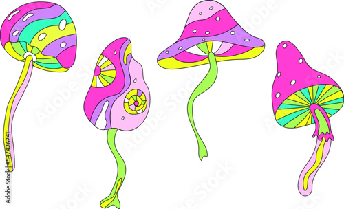 Set of neon rainbow mushrooms. Psychedelic hallucinogenic mushrooms