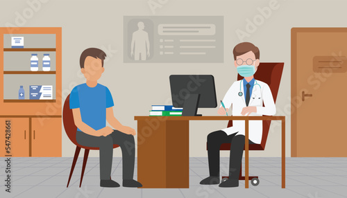 Doctor and patient talking and consulting in hospital office and writing prescription to treatment and take health care concept and medical appointment in flat vector character illustration