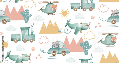 Watercolor cute toy transport pattern for kids or baby. Blue green helicopter plane car and train background with doodle elements