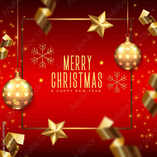 Winter, bright greeting card. Christmas balls with stars, streamers, snow, snowflakes on red background. Realistic design. Stock vector illustration.