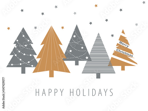 Holiday Card with gray and gold Christmas Trees and stars
