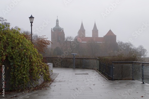 View of the Tumskie hill in Płock on a foggy autumn day.
