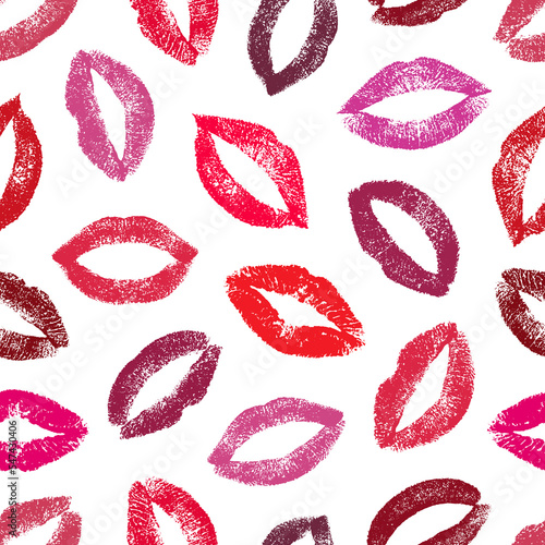 Lipstick kiss. Nice seamless pattern. Joyful design. Lips traces on white background. Imprint real female lips. Fashion makeup lips prints. Romantic kisses. Repeating texture. Vector illustration