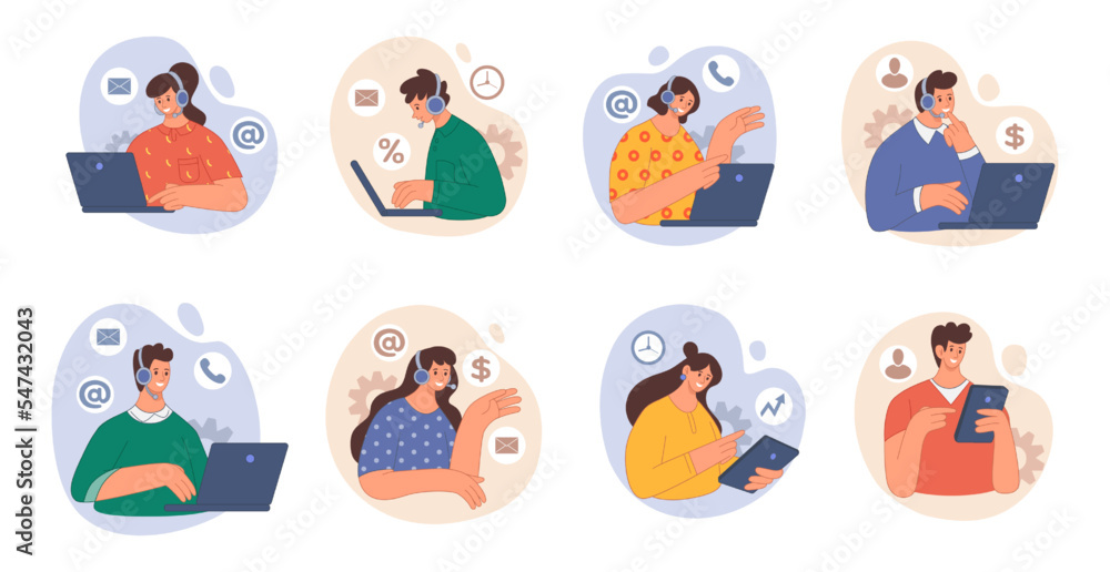 Customer service. Clients care support. Tech schedule for business center. Agent professional help. Chatbot line 24 7. People with mobile device. Vector abstract tidy illustrations set