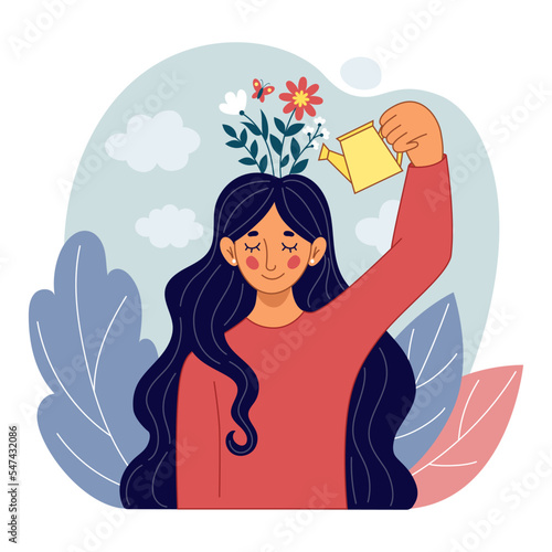 Mental health. Woman positive mind. Personal change. Growth flowers in brain. Thinking girl. Mindset development. Watering blossoms in head. Psychological therapy. Vector tidy concept