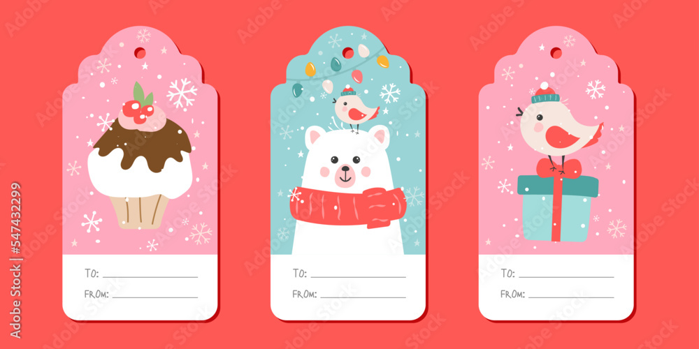 A set of New Year's gift tags with a bear cupcake and a bird