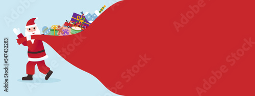 Xmas Santa Claus fun character backdrop. Happy winter celebration. Senior man pulling doodle gifts bag. Seasonal toys. New Year presents. Christmas background. Vector isolated illustration