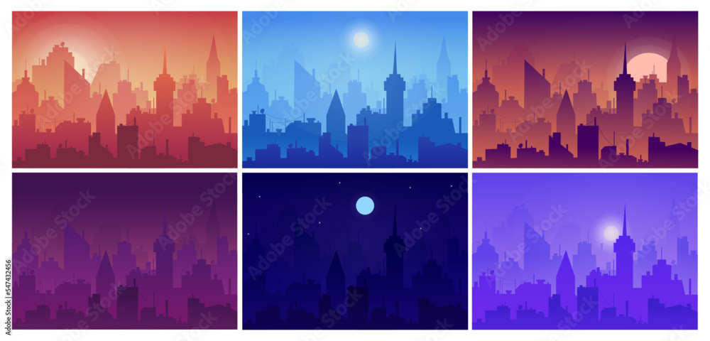 Morning city. Day and night cityscape. Sunrise sky at afternoon time ...